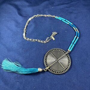 Boho Pendant Necklace With Turquoise Beads & Tassel By Canvas